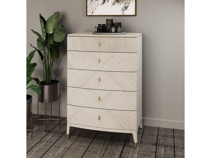 Diletta Tall Chest 5 Drawer Ribbed Top Drw - Stone