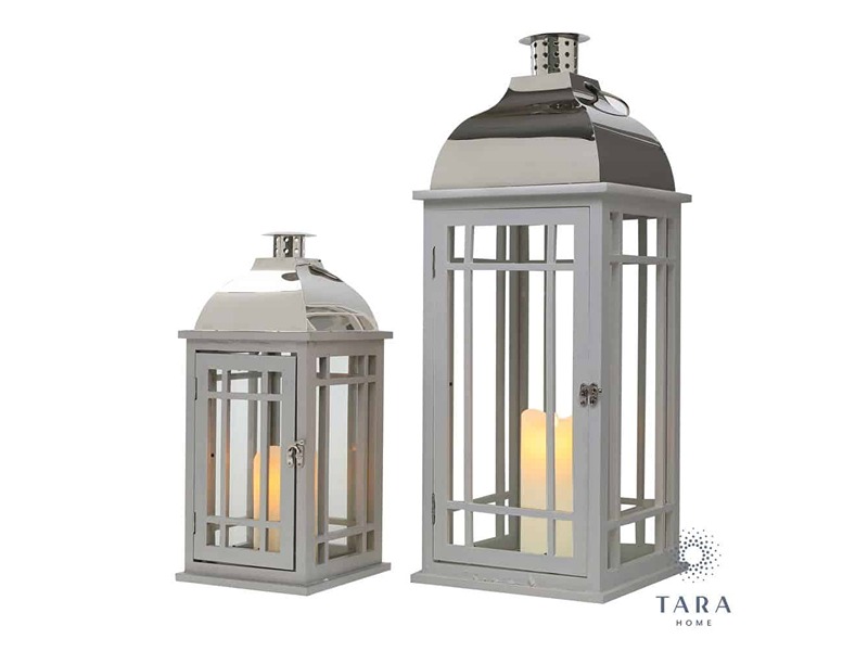 Julie Set Of 2 Wooden Lanterns Grey And Chrome Lar