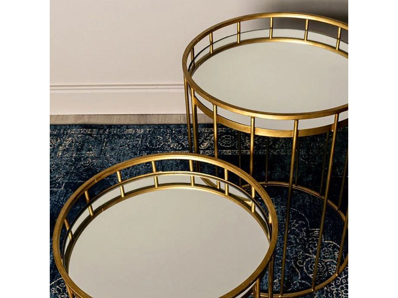 Cage Set of 2 Side Tables Round Mirror Gold