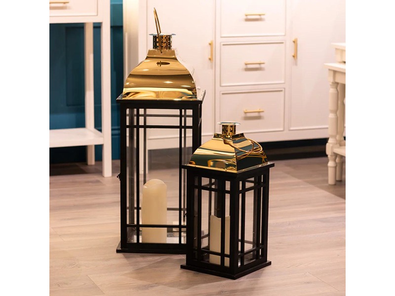 Julie Set Of 2 Wooden Lanterns Black And Gold