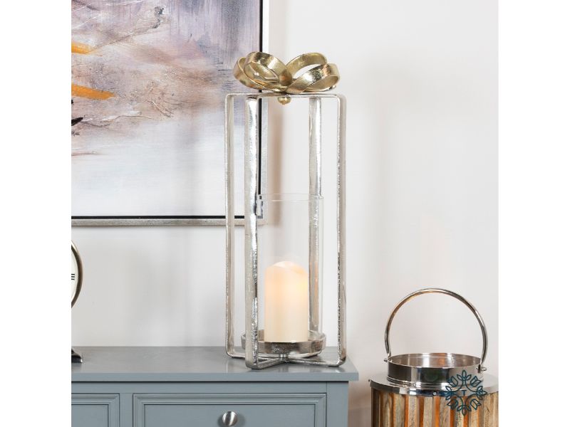 Isabel Lantern With Bow Silver And Gold 56Cm