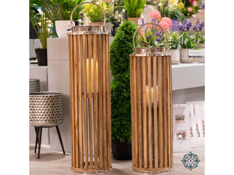 Nina Floor Standing Lantern Wood And Chrome 82Cm