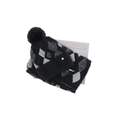 Metallic Diamonds Hat & Scarf Set Black and Grey