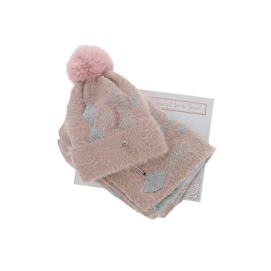Metallic Diamonds Hat & Scarf Set Pink and Grey