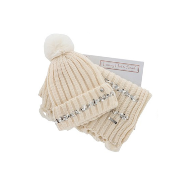 Pretty Sequins Hat & Scarf Set Cream