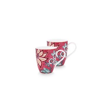 Set Of 2 Mugs Large Flower Festival Dark Pink 350M