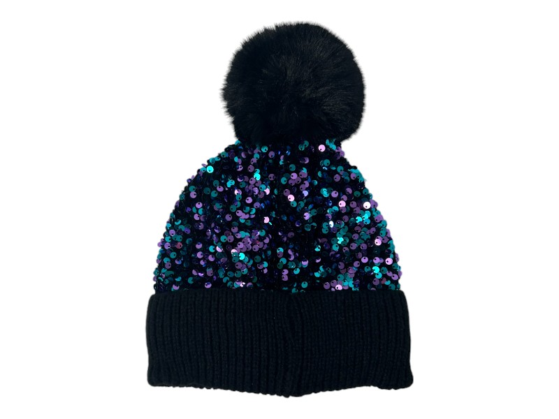 Sequin Sparkle Pom Pom Hat Navy Pom