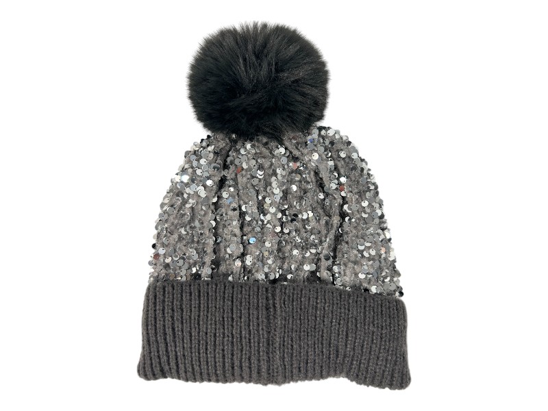 Sequin Sparkle Pom Pom Hat Grey Pom