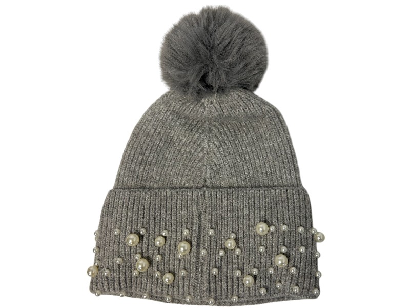 Pearl Sensation Pom Pom Hat Grey