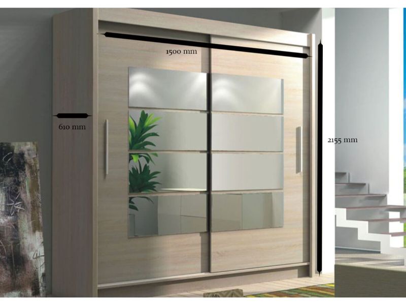 Toronto 1.5M Mirrored Slide Robe - Oak